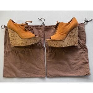 Gianvito Rossi Suede Cork Open Toe Lace Up Platform Shoes Orange/Beige Womens 37